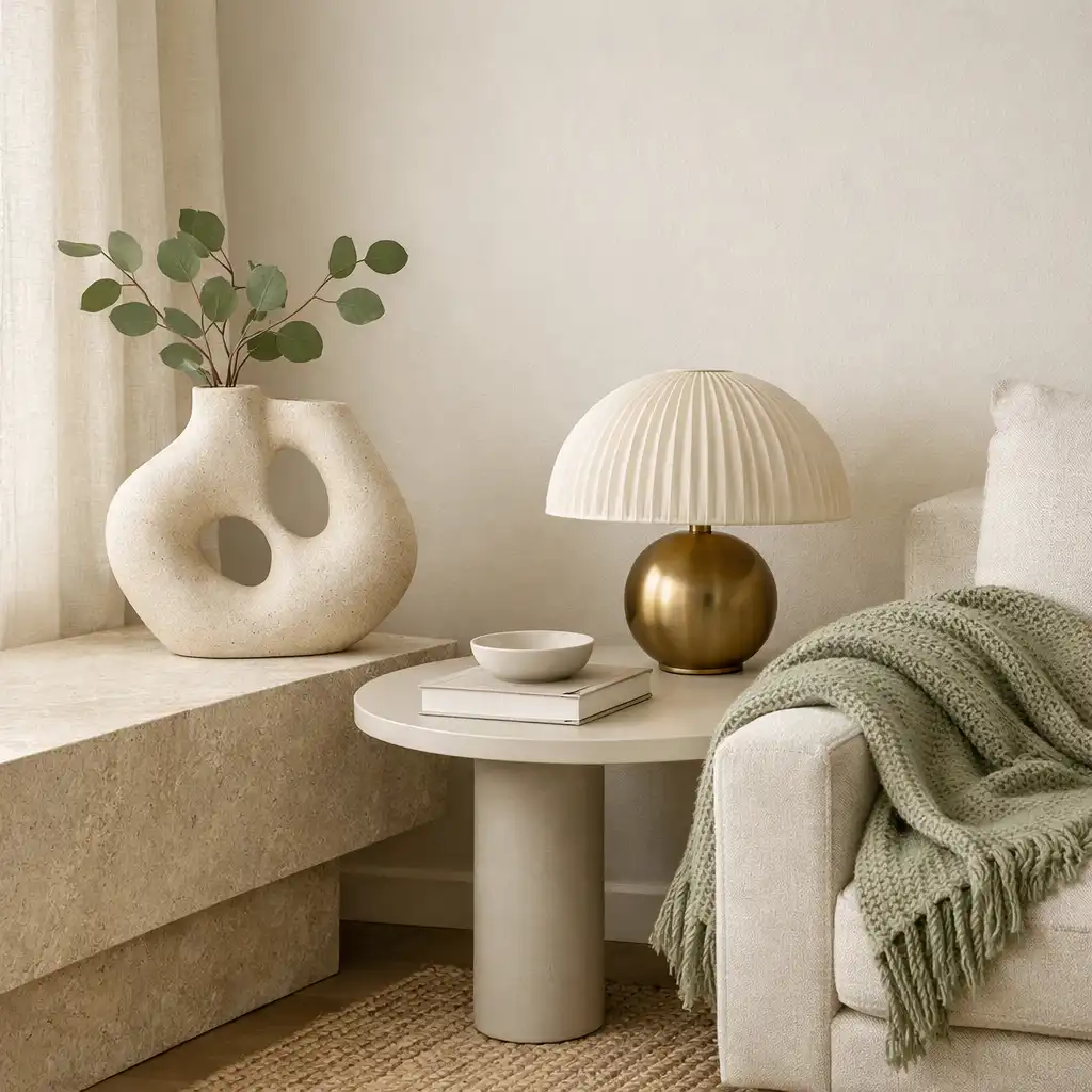 Galeria akcentów do apartamentu Homexaryon: wazony, lampy i tekstylia w asymetrycznej aranżacji