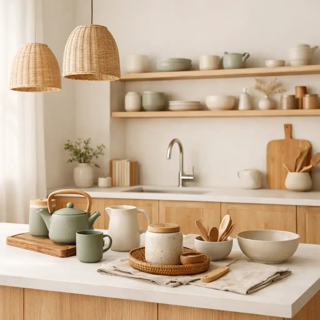 Słoneczna, minimalistyczna kuchnia z ceramiką w stylu japandi z kolekcji Homexaryon