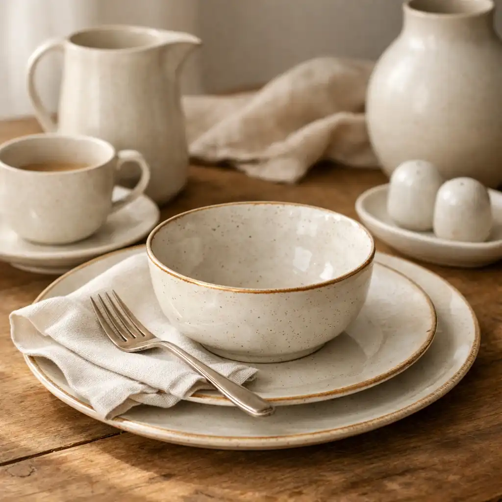 Detal jasnej ceramicznej dekoracji na drewnianym blacie