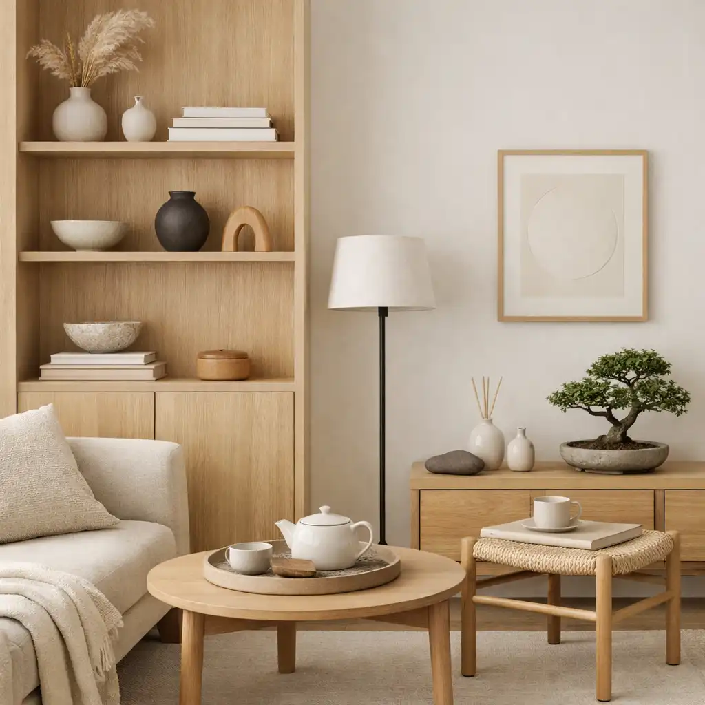 Nowoczesny apartament w stylu japandi z jasnym drewnem i minimalistycznymi formami