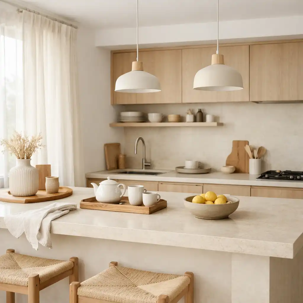 Szeroka, minimalistyczna kuchnia Homexaryon z ceramiczną zastawą i naturalnymi akcentami