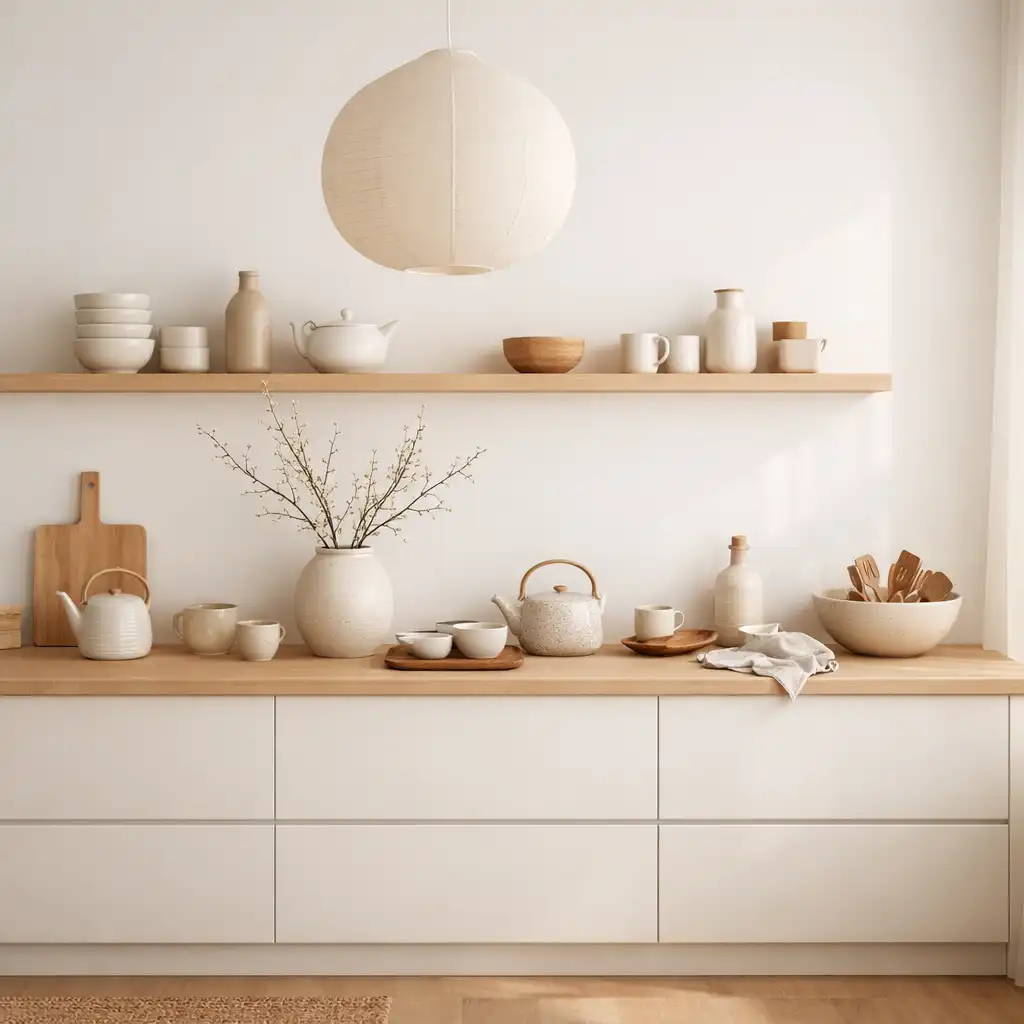 Słoneczna, minimalistyczna kuchnia z ceramiką i drewnem w stylu skandynawsko-japandi