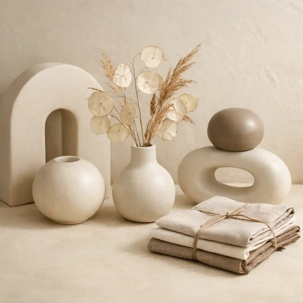 Zbliżenie na elegancką kompozycję ceramicznych naczyń i naturalnych tekstur