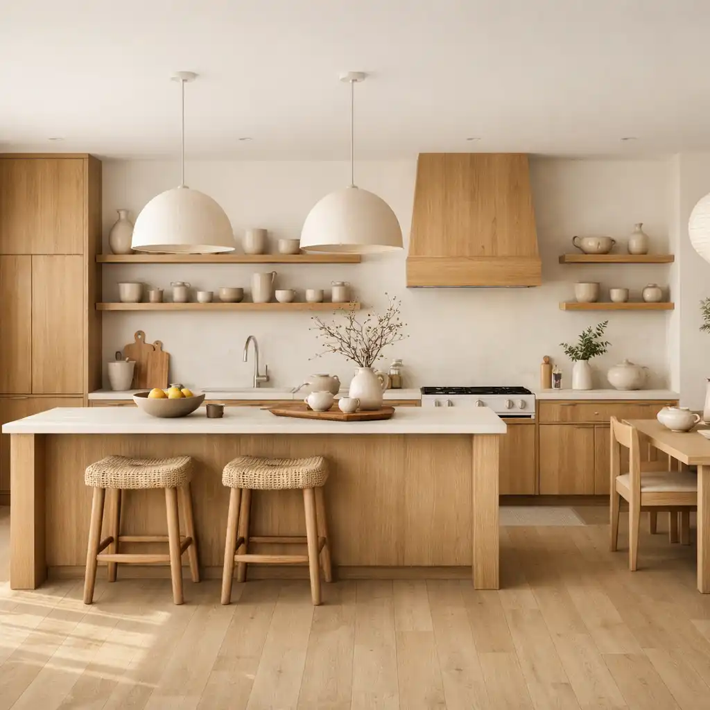 Słoneczna, minimalistyczna kuchnia z ceramiczną zastawą w stylu Japandi