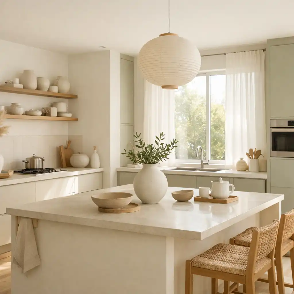 Słoneczna, minimalistyczna kuchnia z luksusową ceramiką w stylu Japandi