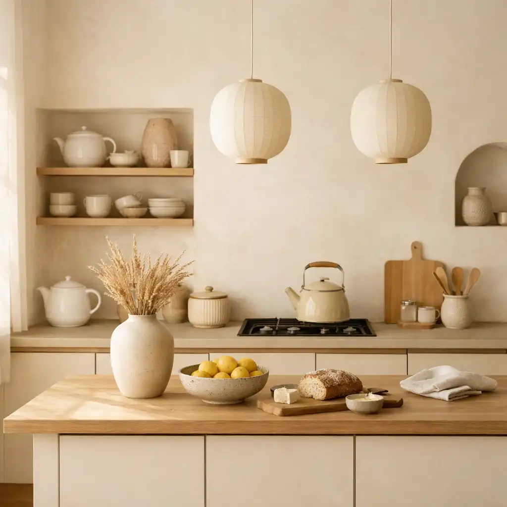 Elegancka kuchnia w stylu japandi z naturalnymi teksturami i minimalistyczną zastawą