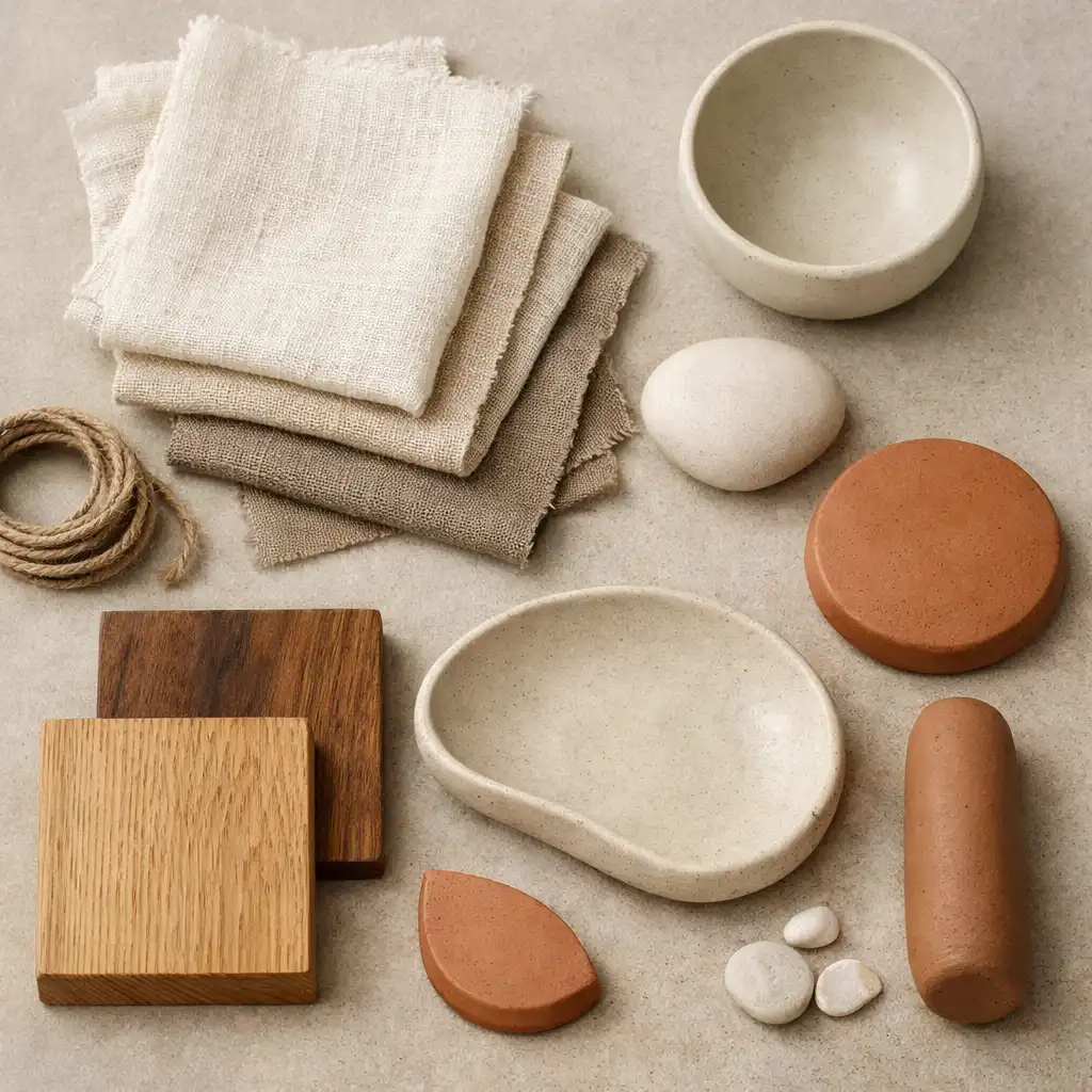 Zbliżenie na moodboard z lnem, ceramiką, drewnem i matową gliną
