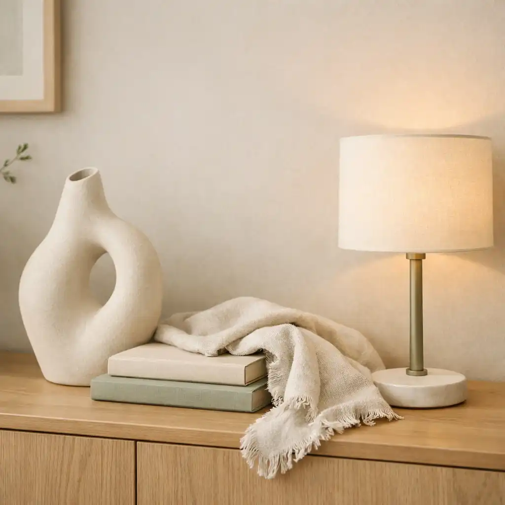 Detal wnętrza z ceramicznymi dodatkami i miękkimi teksturami w stylu Japandi